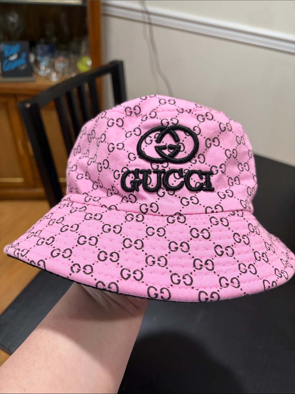 Gucci Reversible Pink & black GG Monogram Bucket Hat with Black Logo Embroidery
